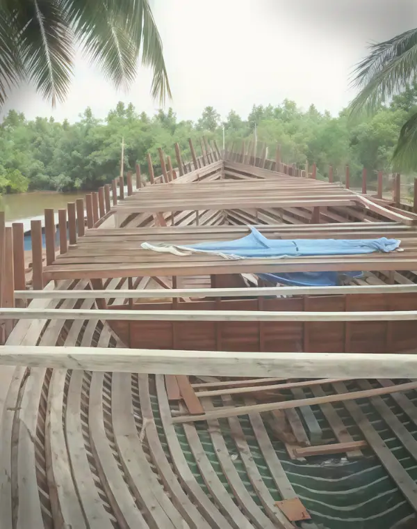 Mutiara Laut casco is being transported in a river.
