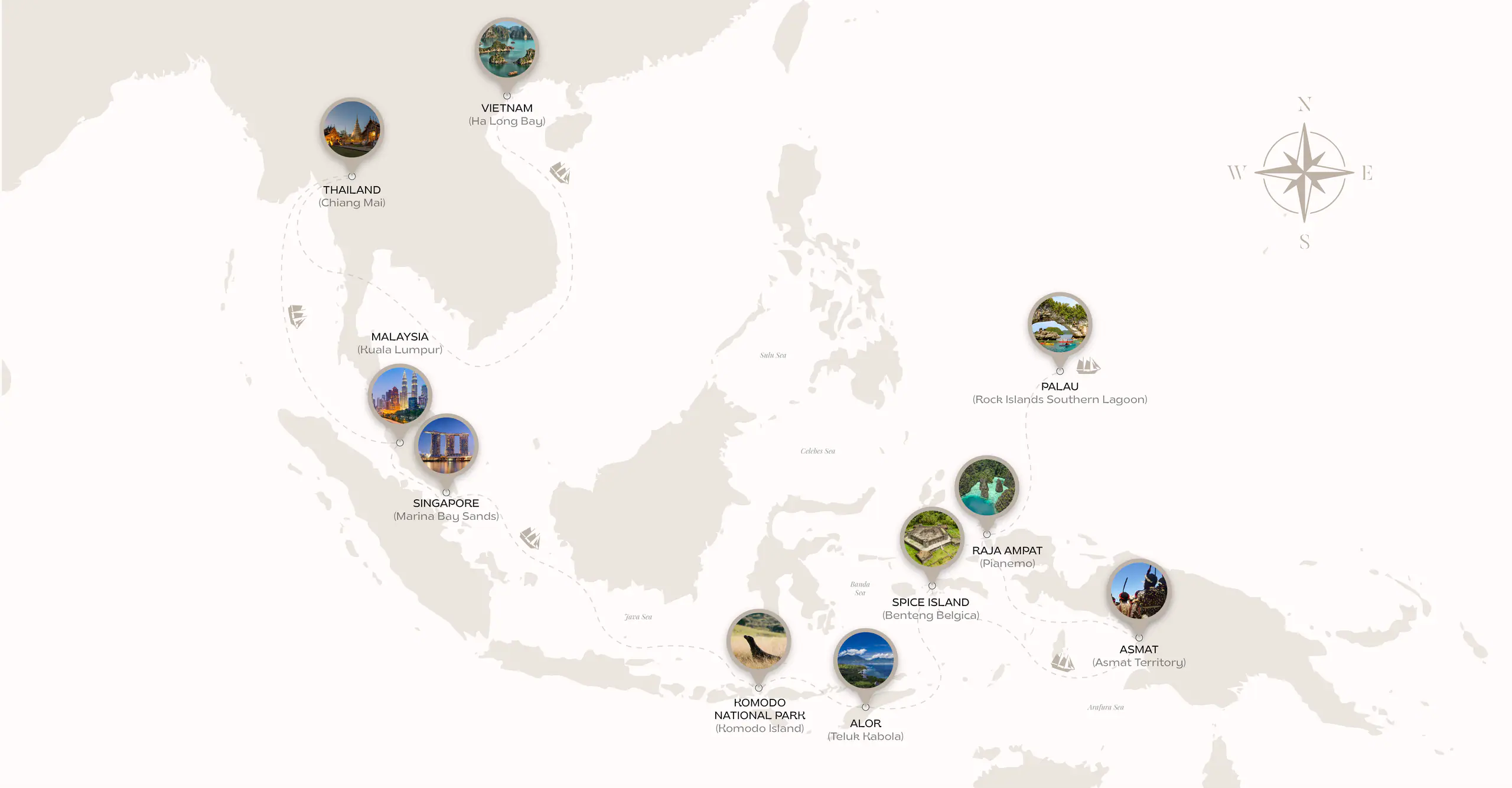 Mutiara Laut historic sailing map illustrating the yacht’s voyages across the Indonesian archipelago.